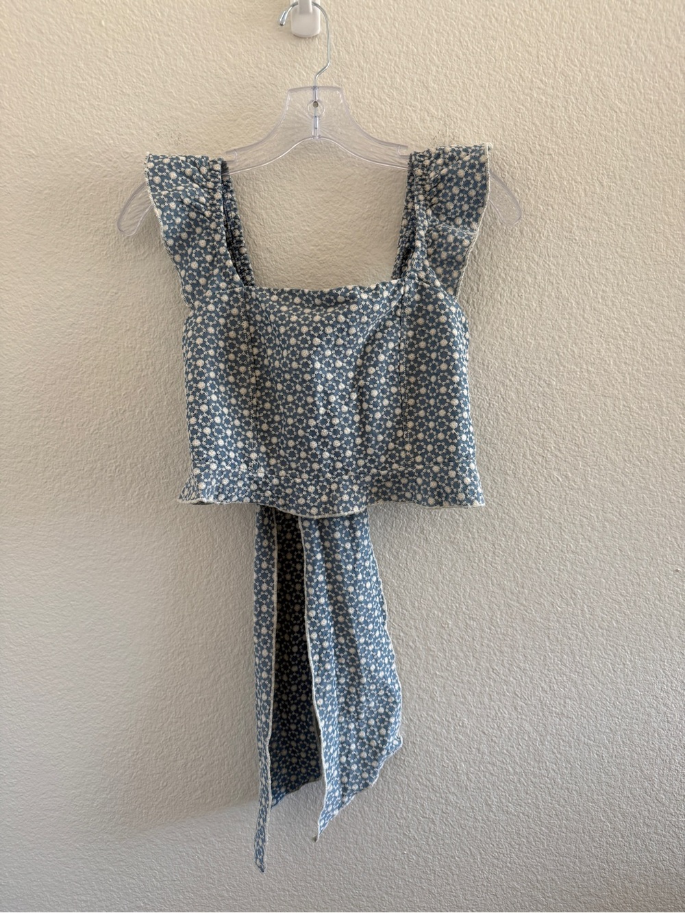 Embroidered Floral Denim Square-Neck Tie-Back Crop Top 100% Cotton